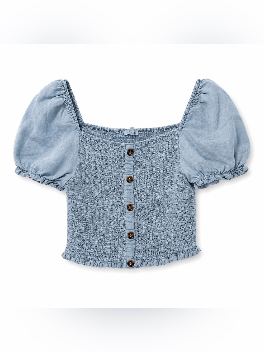 Love Tree Light Blue Chambray Smocked Puff Sleeve Crop Top Cottagecore Romantic
